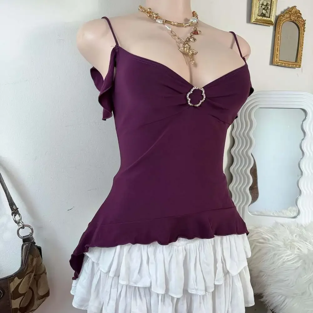 Y2K Fairy Grunge Plum Off Shoulder Cami Top Rhinestone Detail